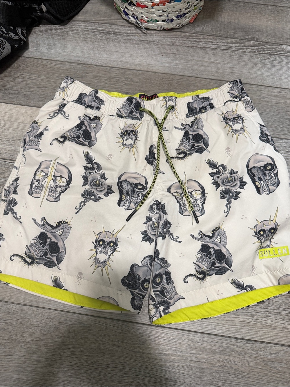 Men's Cream Skull Print Swim Trunks with Neon Yellow Trim